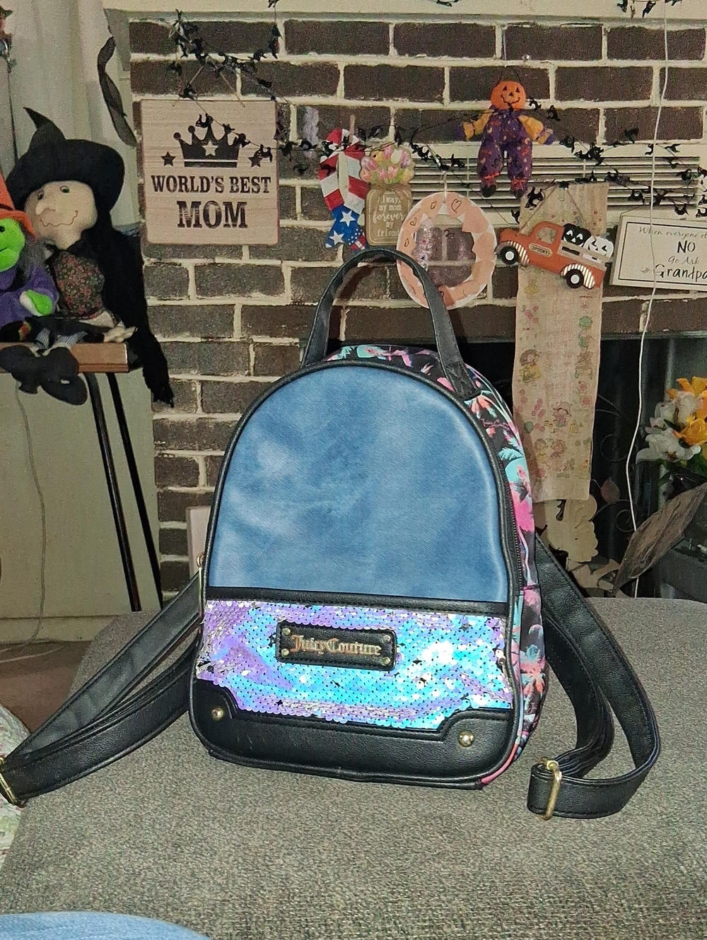 Juicy Couture Blue Floral Mini Backpack with Iridescent Sequin Pocket